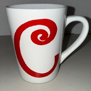 Coffee Mug white with red C & red dots EUC Appx. 4” tall & 3.5” wide at opening